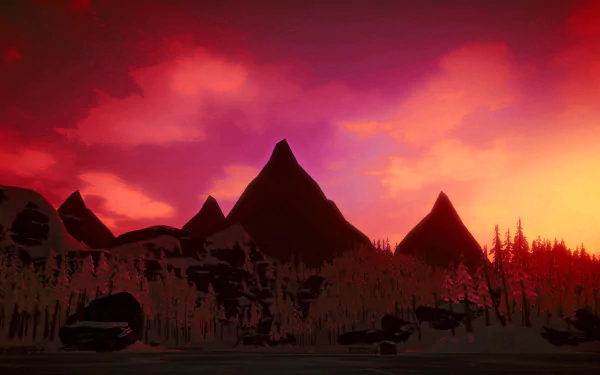 HD PC desktop wallpaper for the video game The Long Dark: silhouetted triangular mountains and a pine tree line beneath a vivid red-orange sunset sky.