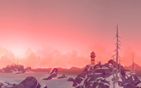 HD PC desktop wallpaper from the video game The Long Dark, featuring a snowy landscape with rocky terrain, a watchtower, and a vibrant pink-orange sky at sunset.