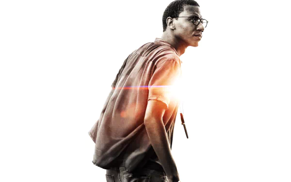 Young man in profile with backpack and a warm lens flare on a stark white background — Transformers: The Last Knight movie 2K Quad HD PC desktop wallpaper.