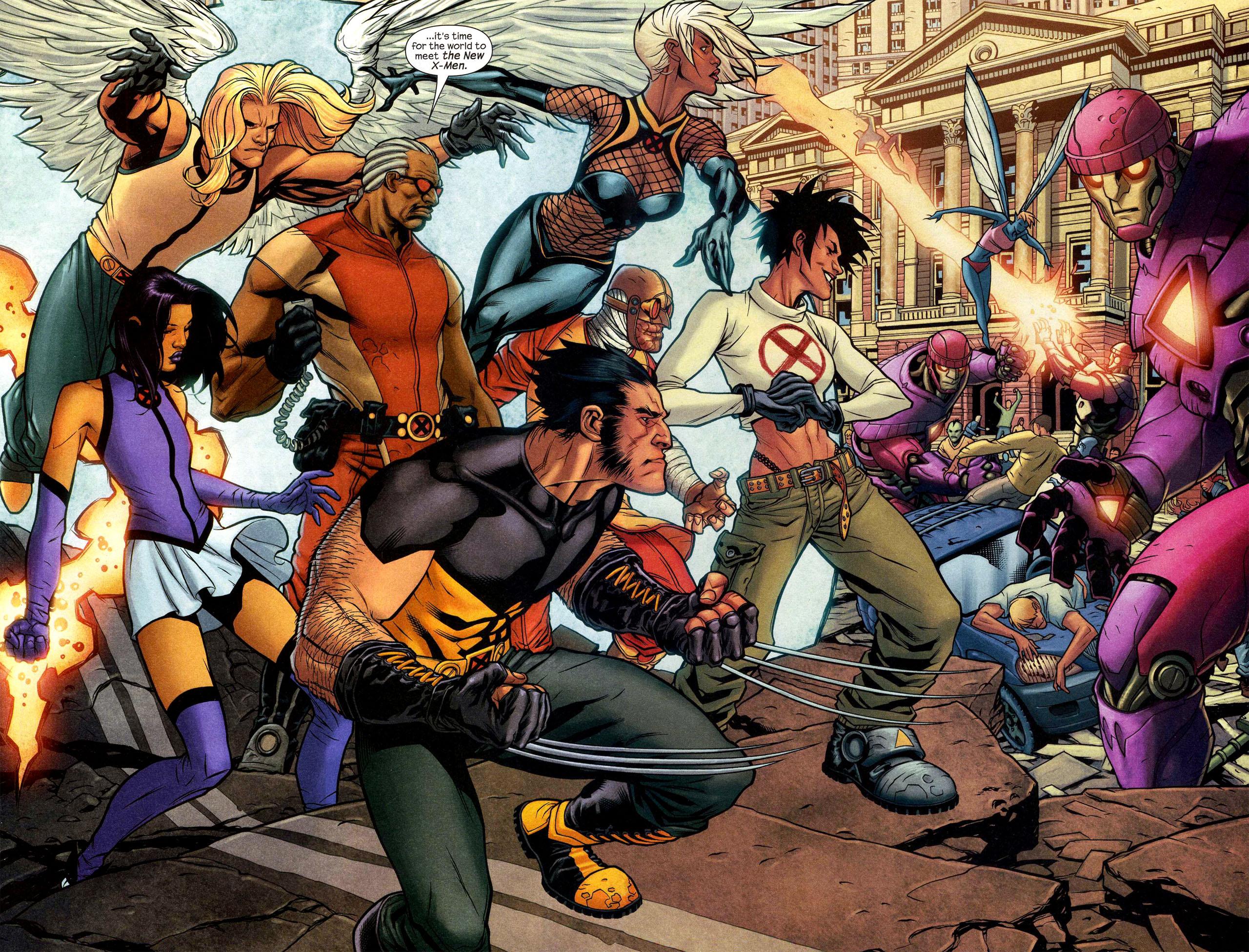 Marvel Comics characters: Angel, Storm, Bishop, Wolverine, Sentinel, Warren Worthington III, and Psylocke.