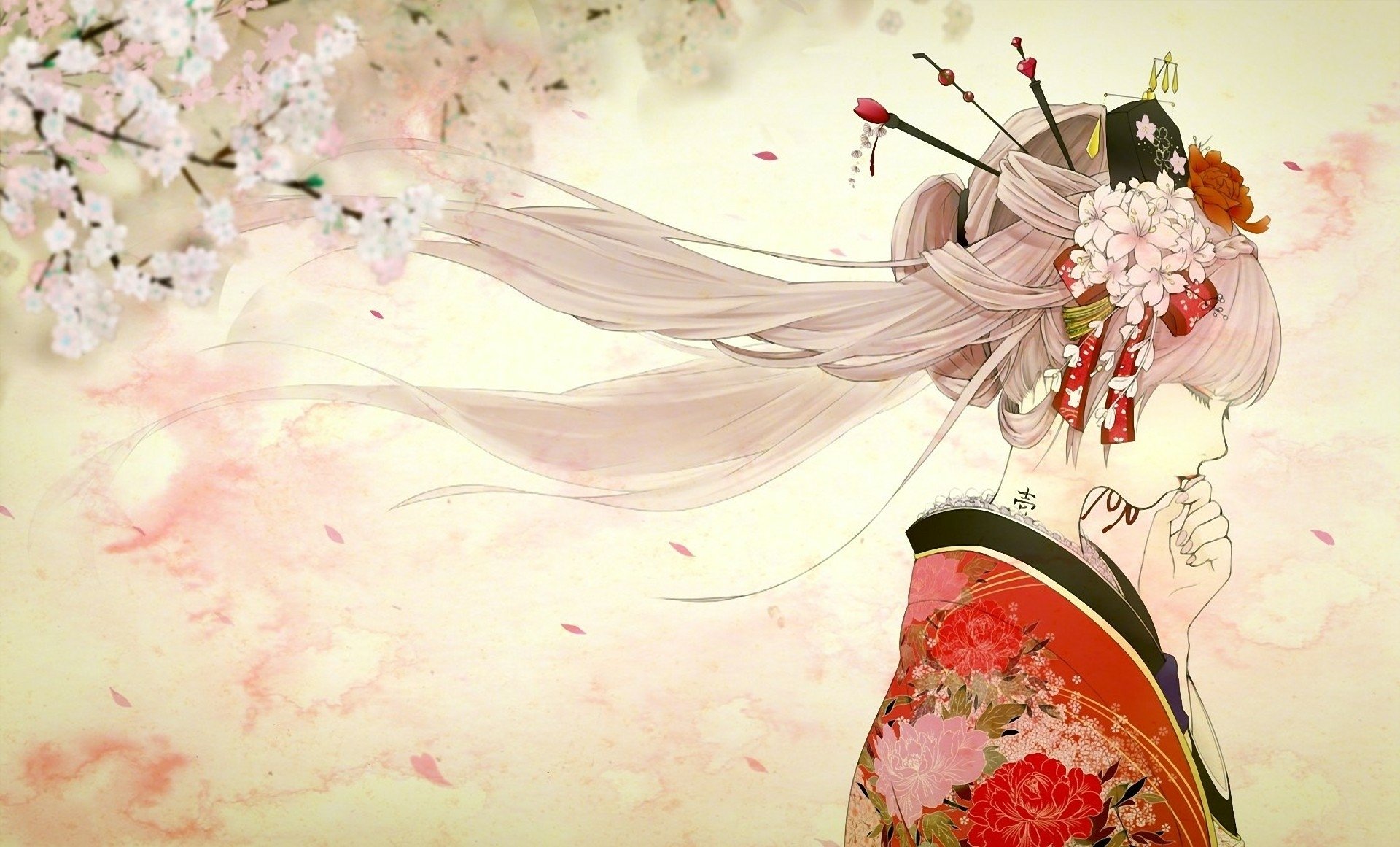 Artistic HD wallpaper featuring an Asian woman with long pink hair adorned with Sakura flowers. She is wearing a beautifully detailed kimono in an enchanting, serene setting.