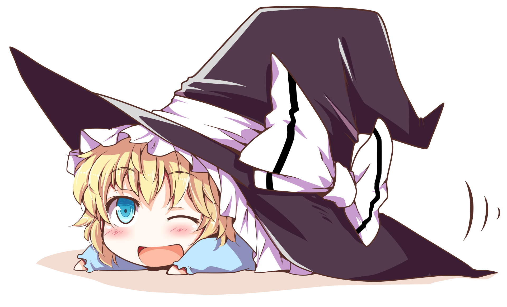 Marisa Kirisame from Touhou is depicted winking playfully beneath her oversized witch hat in this vibrant 8K Ultra HD anime desktop wallpaper.