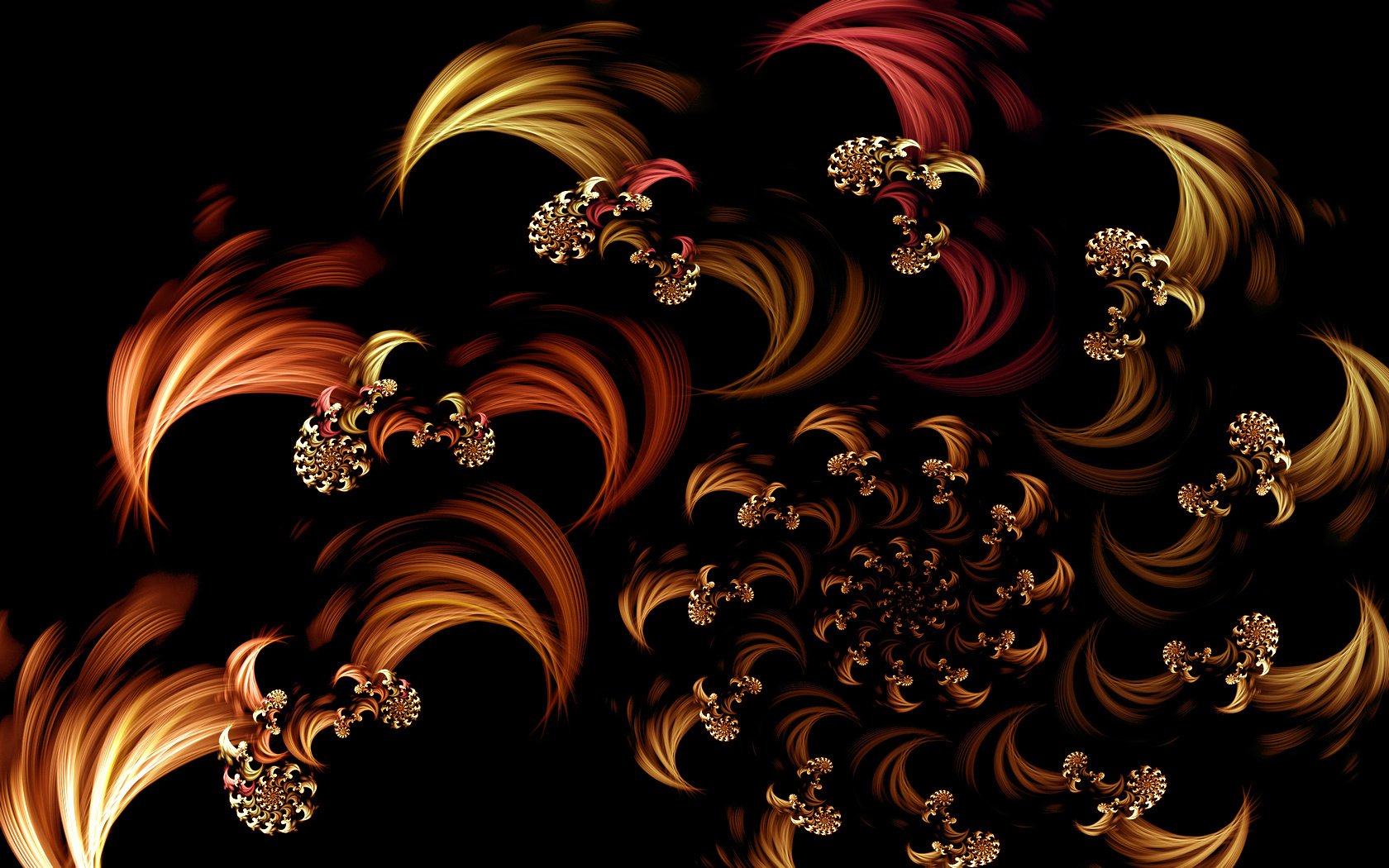 A vibrant psychedelic fractal with swirling, fiery CGI shapes in warm colors, creating an abstract, trippy HD desktop wallpaper background.