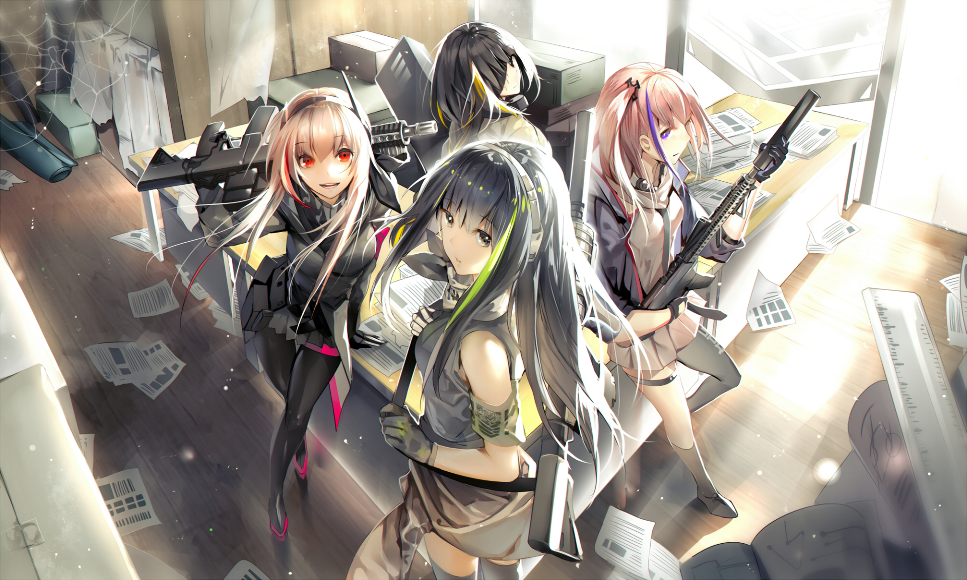 HD desktop wallpaper featuring Girls Frontline characters with eye patches and iconic rifles like M4 SOPMOD II, AR15, M16A1, and M4A1 in a dynamic video game scene.