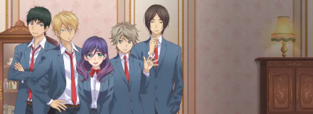 HD PC desktop wallpaper featuring Hayato Shinomiya, Kae Serinuma, Nozomu Nanashima, Asuma Mutsumi, and Yuusuke Igarashi from the anime Kiss Him, Not Me.