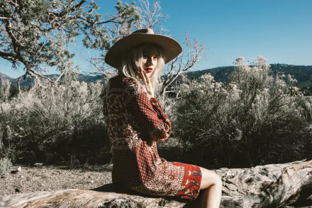 Fashion model woman in a patterned dress and wide-brim hat sitting on a log amid sunlit scrubland — 4K Ultra HD PC desktop wallpaper/background.