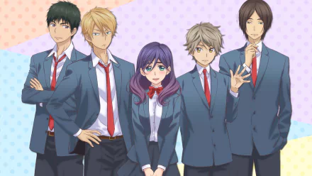 HD PC desktop wallpaper featuring anime characters Yuusuke Igarashi, Nozomu Nanashima, Kae Serinuma, Hayato Shinomiya, and Asuma Mutsumi from Kiss Him, Not Me.