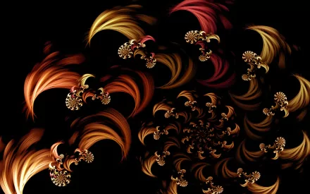 A vibrant psychedelic fractal with swirling, fiery CGI shapes in warm colors, creating an abstract, trippy HD desktop wallpaper background.