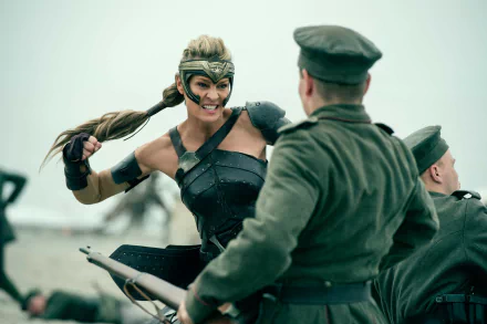 HD desktop wallpaper featuring General Antiope, portrayed by Robin Wright, in an action scene from the movie Wonder Woman.