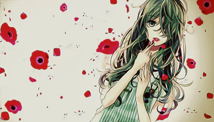 Anime girl resembling Hatsune Miku with flowing hair, surrounded by red roses and petals, depicted in an 8K Ultra HD flower-themed desktop wallpaper.
