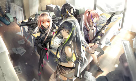 HD desktop wallpaper featuring Girls Frontline characters with eye patches and iconic rifles like M4 SOPMOD II, AR15, M16A1, and M4A1 in a dynamic video game scene.