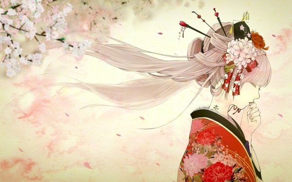 Artistic Drawing Asian Kimono Flower Sakura Long Hair Pink Hair Oriental HD Wallpaper | Background Image