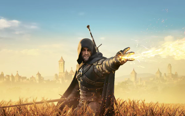 Geralt of Rivia from The Witcher 3: Wild Hunt, casting a spell with a city skyline in the background. HD wallpaper for desktops, tagged with The Witcher and video game.