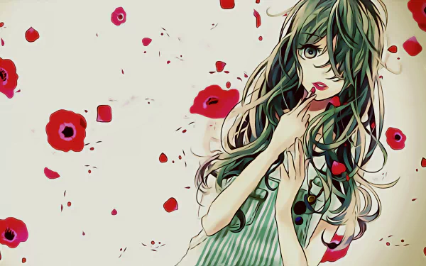 Anime girl resembling Hatsune Miku with flowing hair, surrounded by red roses and petals, depicted in an 8K Ultra HD flower-themed desktop wallpaper.