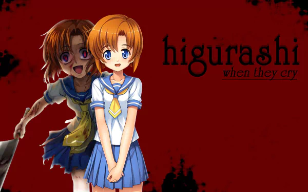 HD PC desktop wallpaper featuring Rena Ryūgū from the anime Higurashi When They Cry, with a contrasting dark and light depiction on a deep red background.