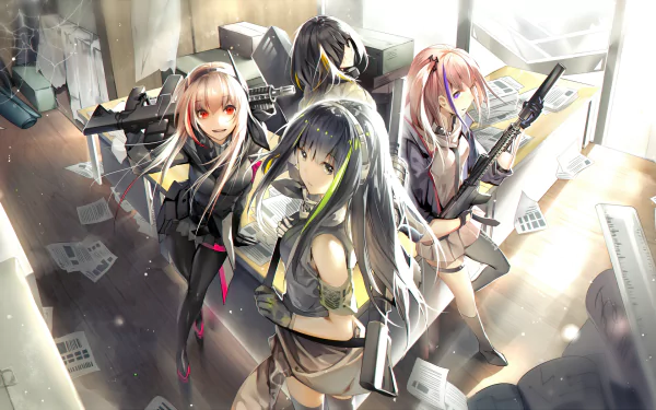 HD desktop wallpaper featuring Girls Frontline characters with eye patches and iconic rifles like M4 SOPMOD II, AR15, M16A1, and M4A1 in a dynamic video game scene.