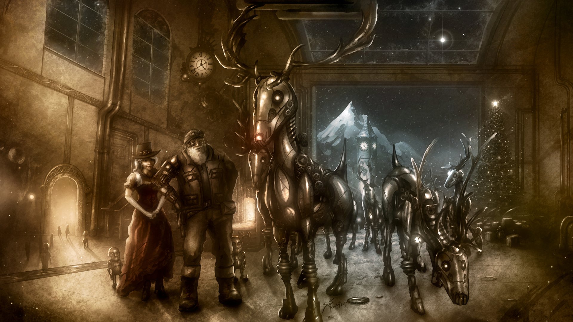 4K Ultra HD PC desktop wallpaper: a Sci‑Fi Christmas workshop where a mechanized Santa and his companion lead robotic reindeer (deer) through a snowy hangar beneath a mountain view.