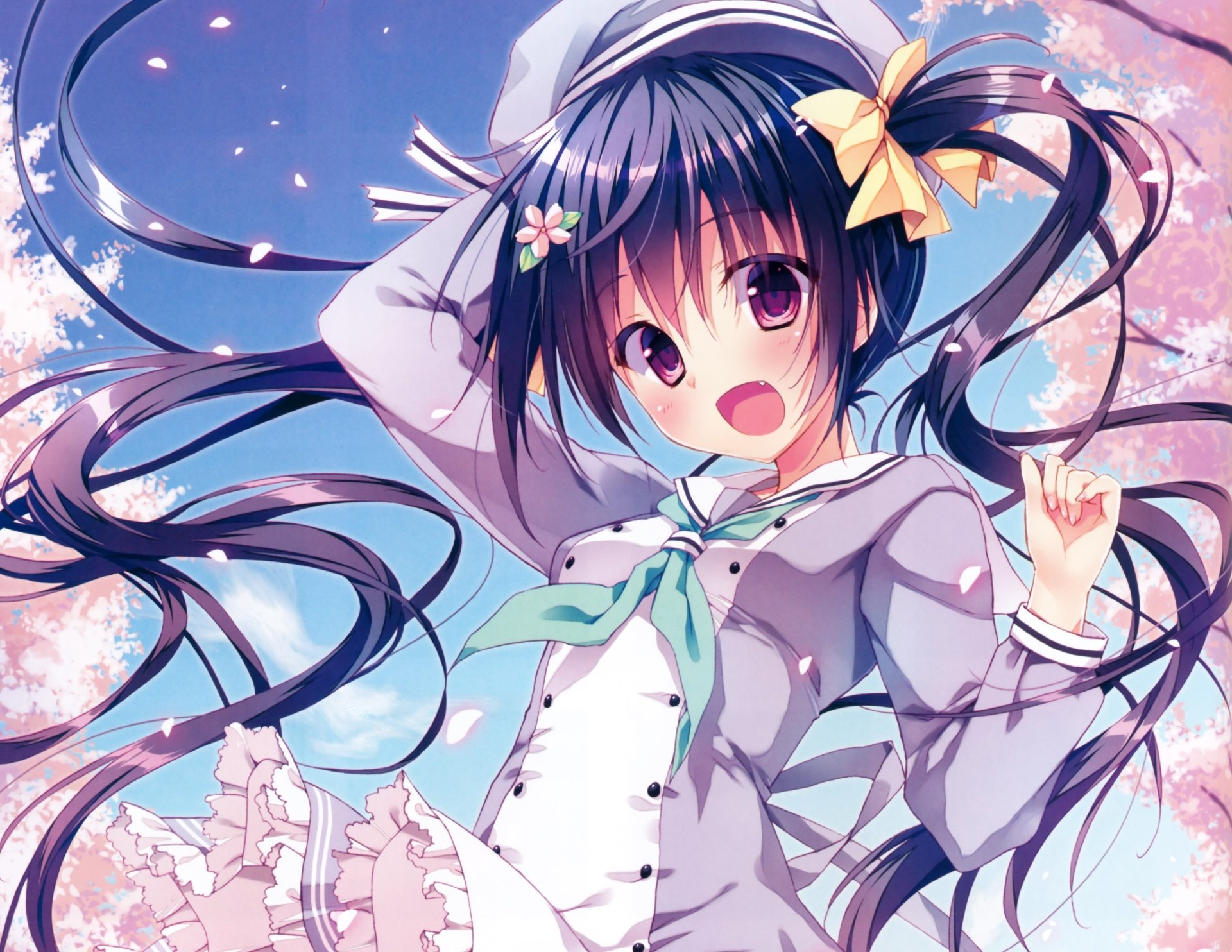 Original Spring anime 5K Ultra HD PC desktop wallpaper: cheerful schoolgirl with twin tails under blooming sakura/cherry blossoms, pastel sky and petals swirling.