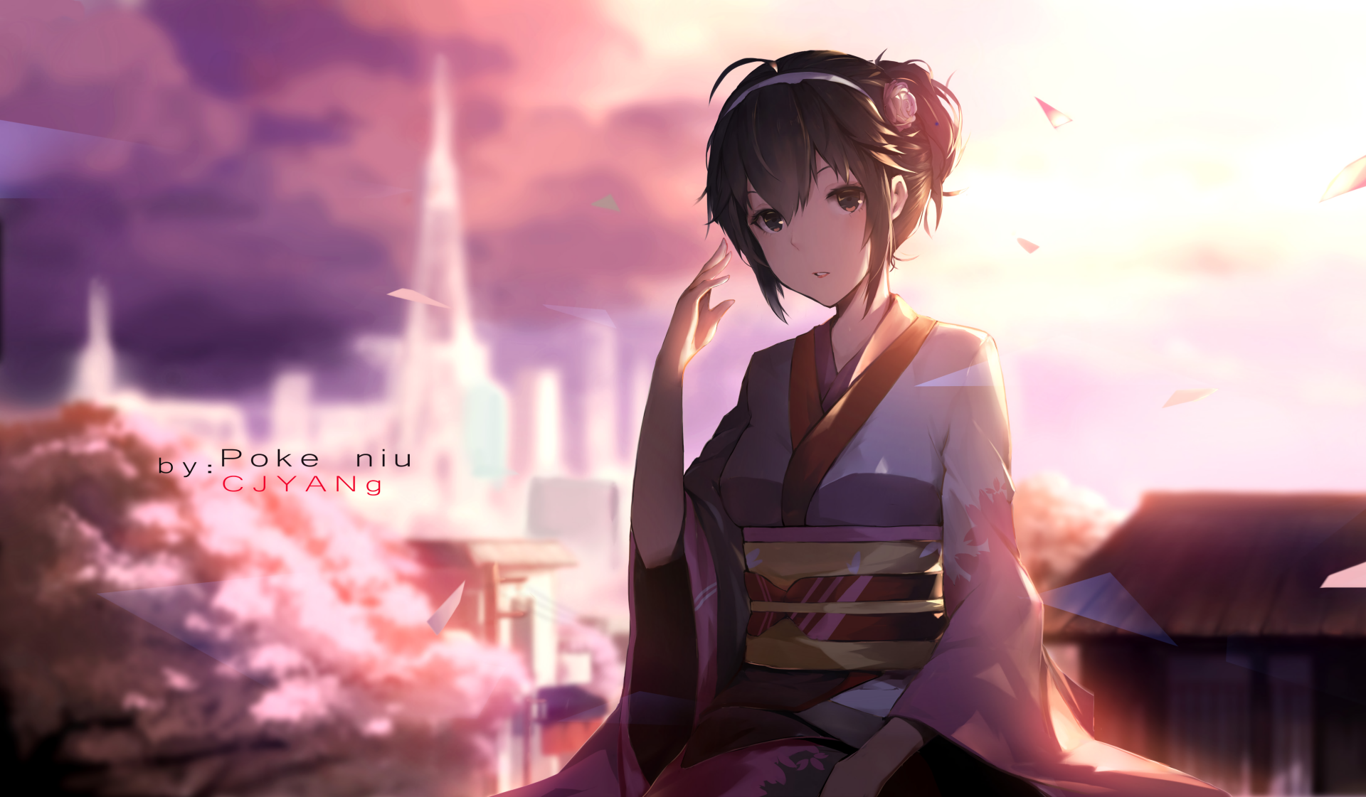 HD desktop wallpaper featuring an original anime artwork of a girl in a traditional outfit, set against a serene sunset with cherry blossoms and cityscape in the background. Created by Poke_niu and CIYANG.
