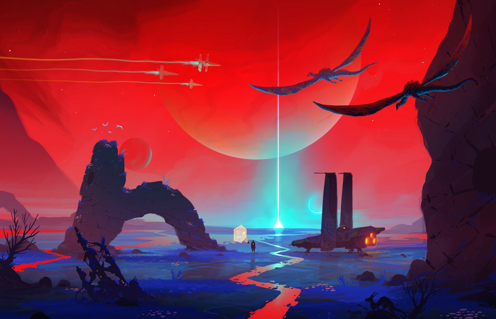 A vibrant HD sci-fi landscape wallpaper featuring a stream, alien creatures, and spaceships on an alien planet with a glowing beam of light in the background.