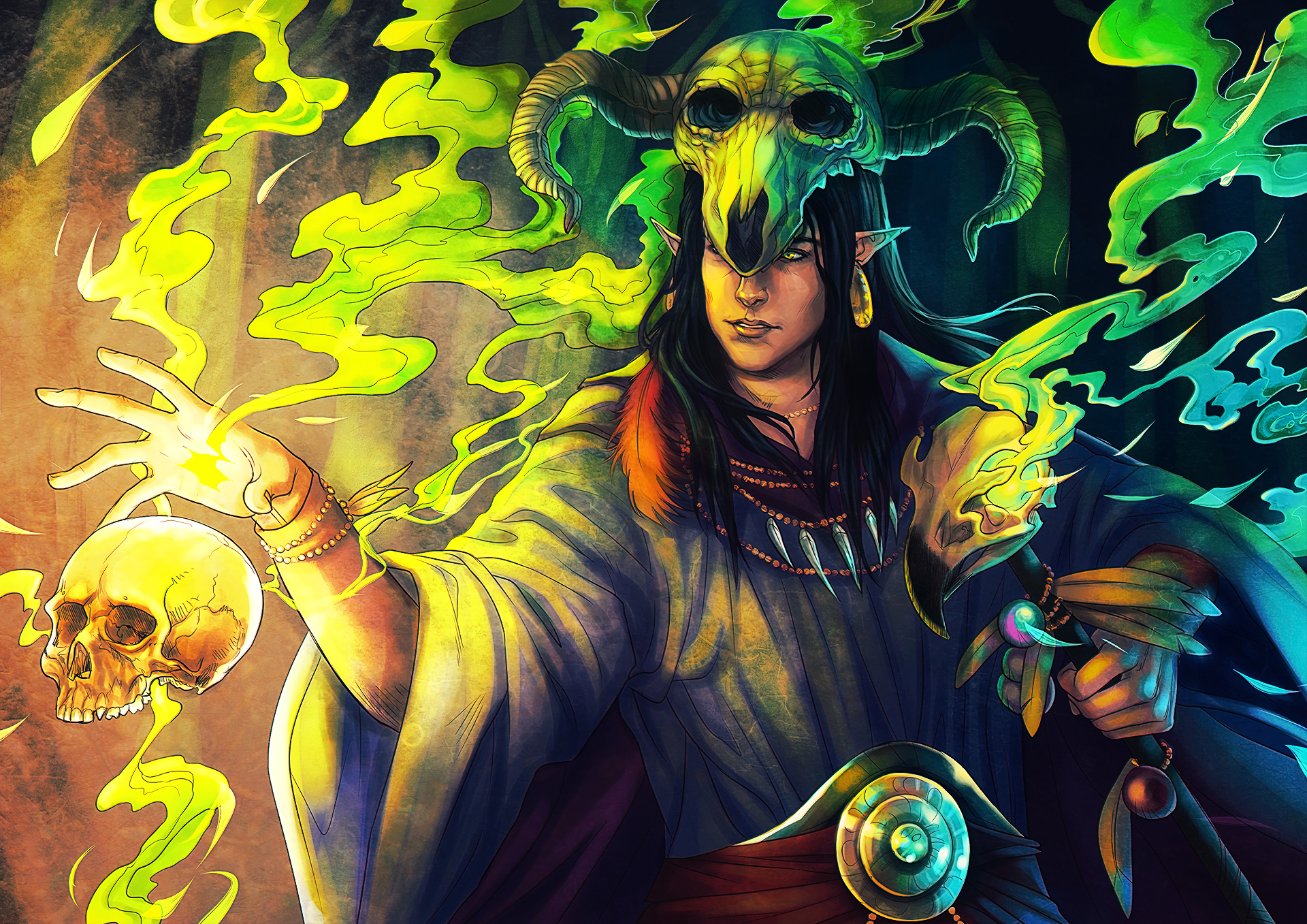 An HD desktop wallpaper featuring a fantasy elf sorcerer with yellow eyes, pointed ears, and a horned skull headdress, casting a green magical aura.