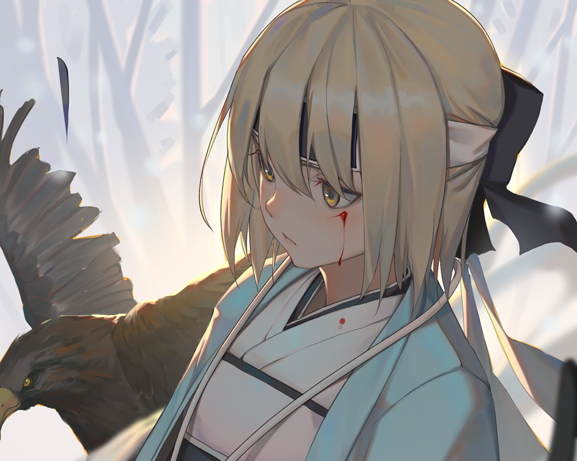 HD PC desktop wallpaper featuring Sakura Saber from Fate/KOHA-ACE, an anime-style illustration of Saber from the Fate series with soft lighting and detailed shading.