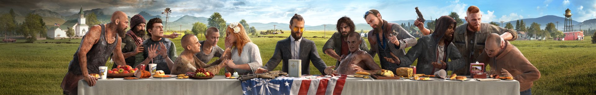 HD desktop wallpaper featuring characters from the video game Far Cry 5. A dramatic scene showcases a man in sunglasses with a book in front, surrounded by others in a rural outdoor setting.