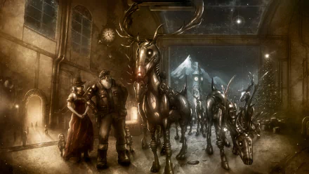 4K Ultra HD PC desktop wallpaper: a Sci‑Fi Christmas workshop where a mechanized Santa and his companion lead robotic reindeer (deer) through a snowy hangar beneath a mountain view.