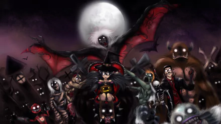 2K Quad HD PC desktop wallpaper: Halloween night under a full moon, a sinister witch flanked by grinning monsters and eerie figures looming over a haunted village.