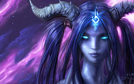 HD desktop wallpaper featuring a Draenei character from World of Warcraft with glowing blue eyes, horns, and a fantasy background.
