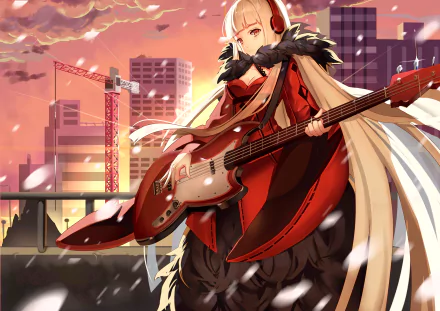 HD PC desktop wallpaper background featuring a red-clad guitarist character from the video game Forever 7th Capital, holding an electric bass against a sunset city skyline with cranes.