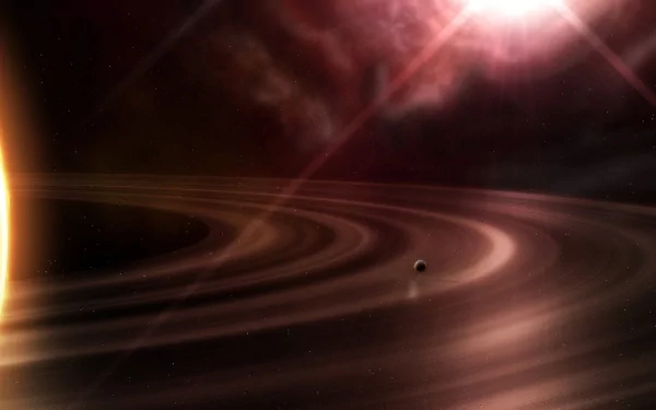A stunning HD wallpaper depicting a distant planet with intricate rings, illuminated by a bright star, set against a vibrant cosmic backdrop, capturing the essence of sci-fi space exploration.