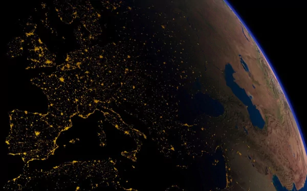 A stunning HD image of Earth from space showcasing Europe illuminated at night, highlighting the beauty of nature and human civilization in a captivating view.