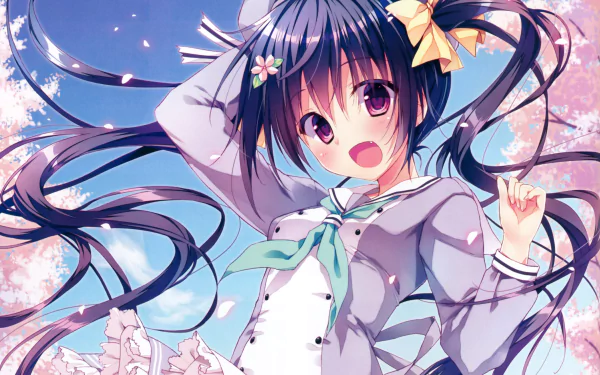 Original Spring anime 5K Ultra HD PC desktop wallpaper: cheerful schoolgirl with twin tails under blooming sakura/cherry blossoms, pastel sky and petals swirling.