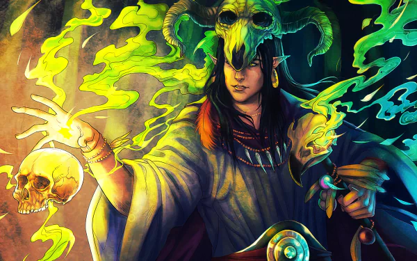 An HD desktop wallpaper featuring a fantasy elf sorcerer with yellow eyes, pointed ears, and a horned skull headdress, casting a green magical aura.