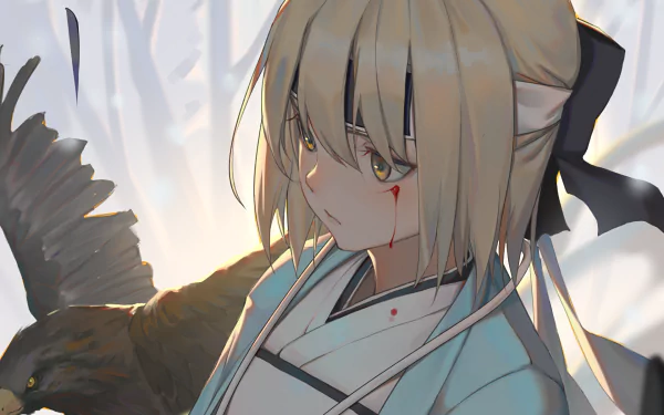 HD PC desktop wallpaper featuring Sakura Saber from Fate/KOHA-ACE, an anime-style illustration of Saber from the Fate series with soft lighting and detailed shading.