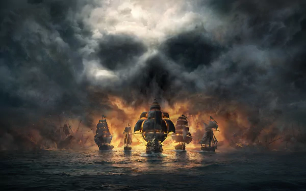 HD desktop wallpaper of a pirate ship from the video game Skull and Bones, featuring ships sailing into a menacing scene with a skull formed by clouds in the background.