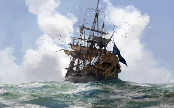 4K Ultra HD wallpaper of a detailed pirate ship sailing turbulent seas, inspired by the Skull and Bones video game.