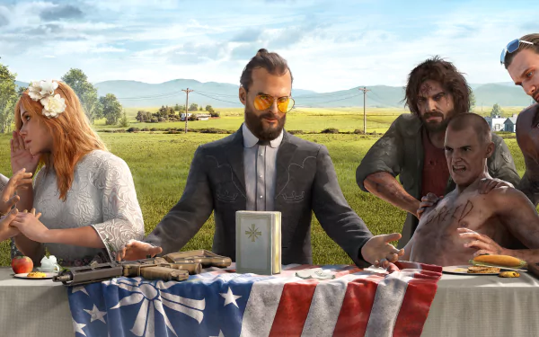 HD desktop wallpaper featuring characters from the video game Far Cry 5. A dramatic scene showcases a man in sunglasses with a book in front, surrounded by others in a rural outdoor setting.