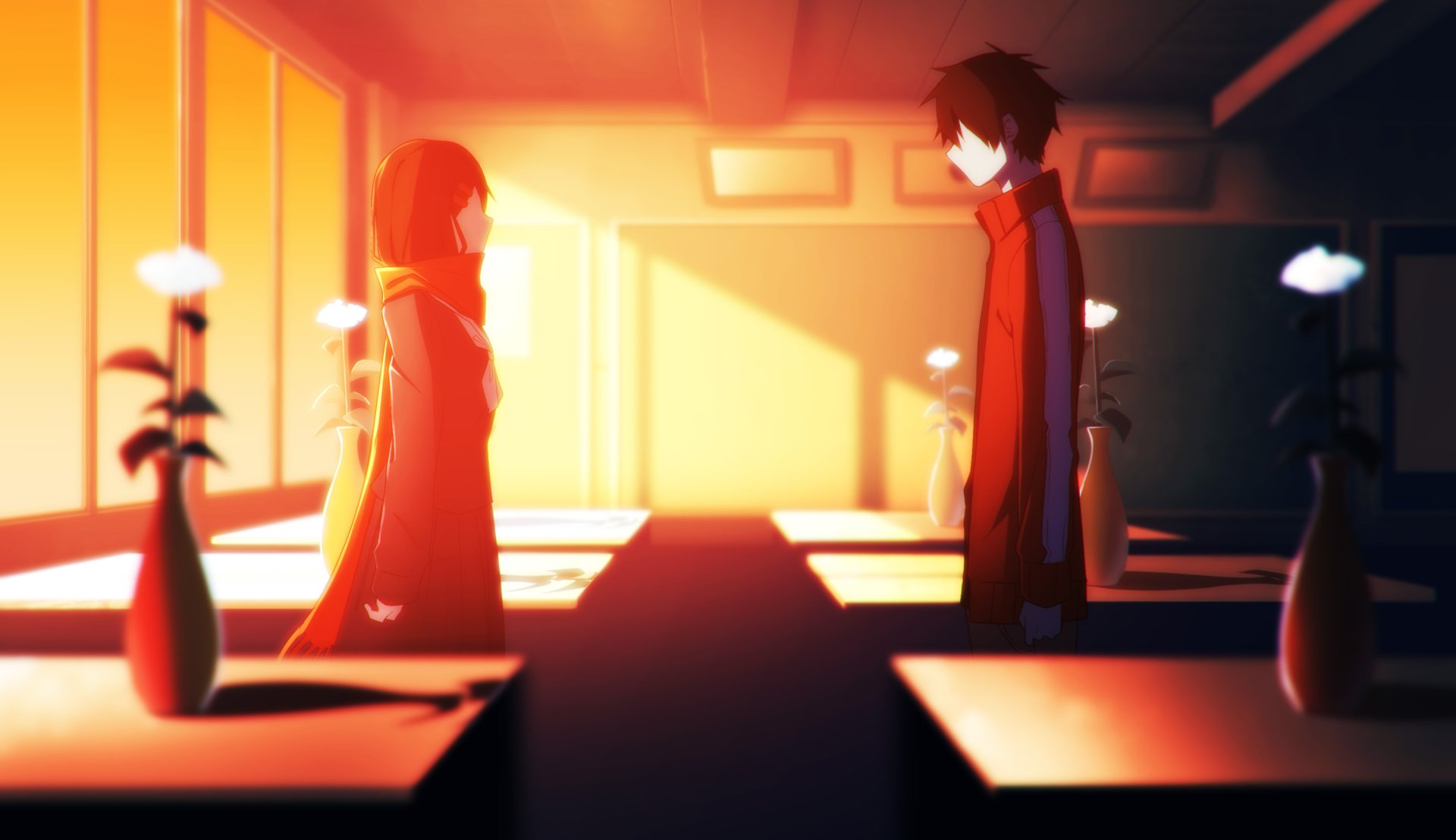 Anime wallpaper featuring Ayano Tateyama and Shintaro Kisaragi from Kagerou Project, standing in a warmly lit room filled with flower vases.