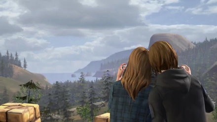 HD desktop wallpaper of Rachel Amber and Chloe Price from the video game Life Is Strange: Before The Storm, featuring a forest and cloudy sky with a distant view of the ocean.