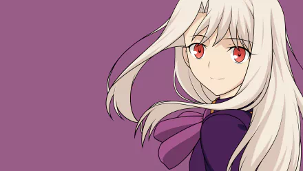 HD desktop wallpaper of Illyasviel Von Einzbern from Fate/Stay Night: Unlimited Blade Works, featuring her with white hair and red eyes, set against a purple background.