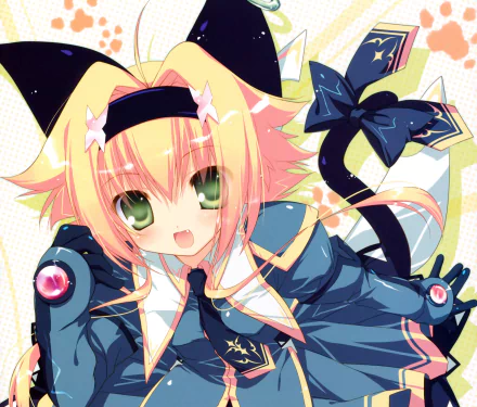 glove ribbon tie blonde green eyes short hair tail smile cat girl Anime Original HD Desktop Wallpaper | Background Image