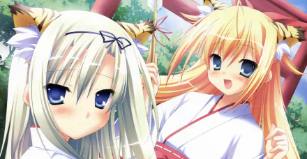 blush smile blonde white hair long hair blue eyes miko outfit cat girl Anime Original HD Desktop Wallpaper | Background Image