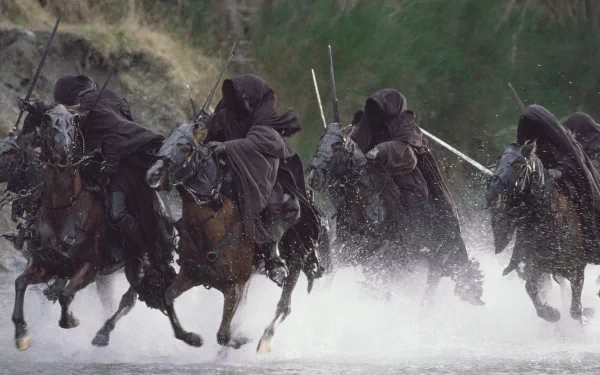 A dramatic scene from The Lord of the Rings: The Fellowship of the Ring, showcasing a group of cloaked riders galloping through water, creating a powerful and dynamic image.