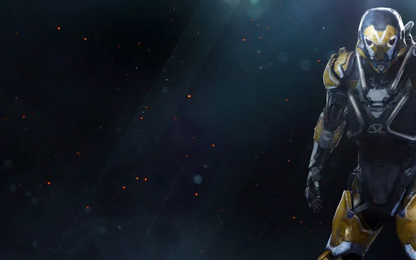 HD PC desktop wallpaper featuring a sci-fi cyborg character from the video game Anthem against a dark, starry background.