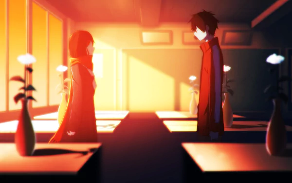 Anime wallpaper featuring Ayano Tateyama and Shintaro Kisaragi from Kagerou Project, standing in a warmly lit room filled with flower vases.