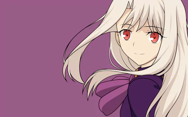HD desktop wallpaper of Illyasviel Von Einzbern from Fate/Stay Night: Unlimited Blade Works, featuring her with white hair and red eyes, set against a purple background.