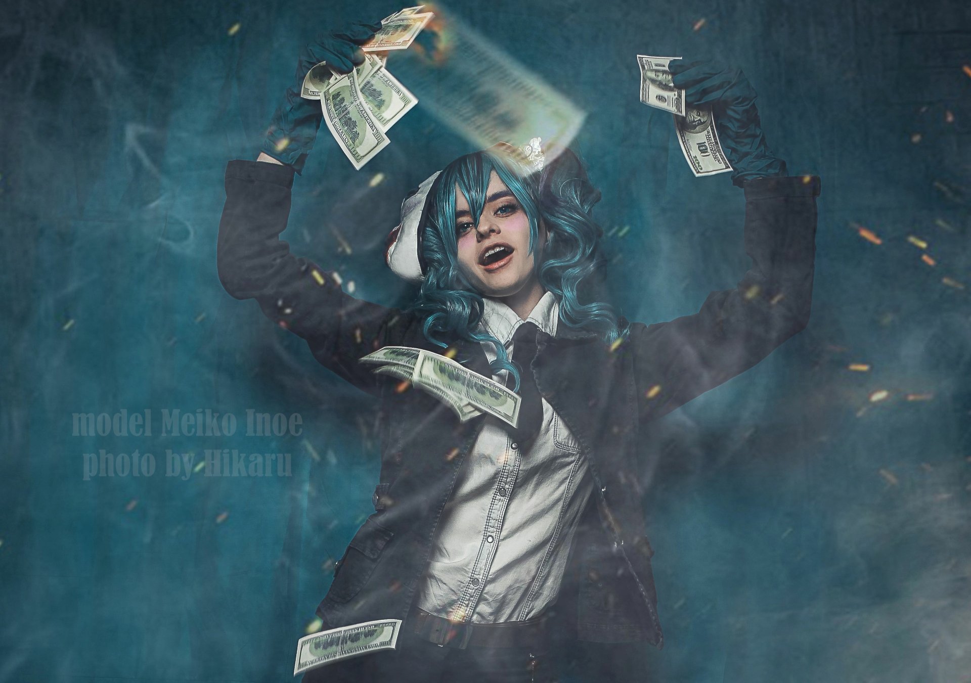 HD desktop wallpaper featuring a woman in Payday 2 cosplay, joyfully throwing money in the air with a smoky, dynamic background.