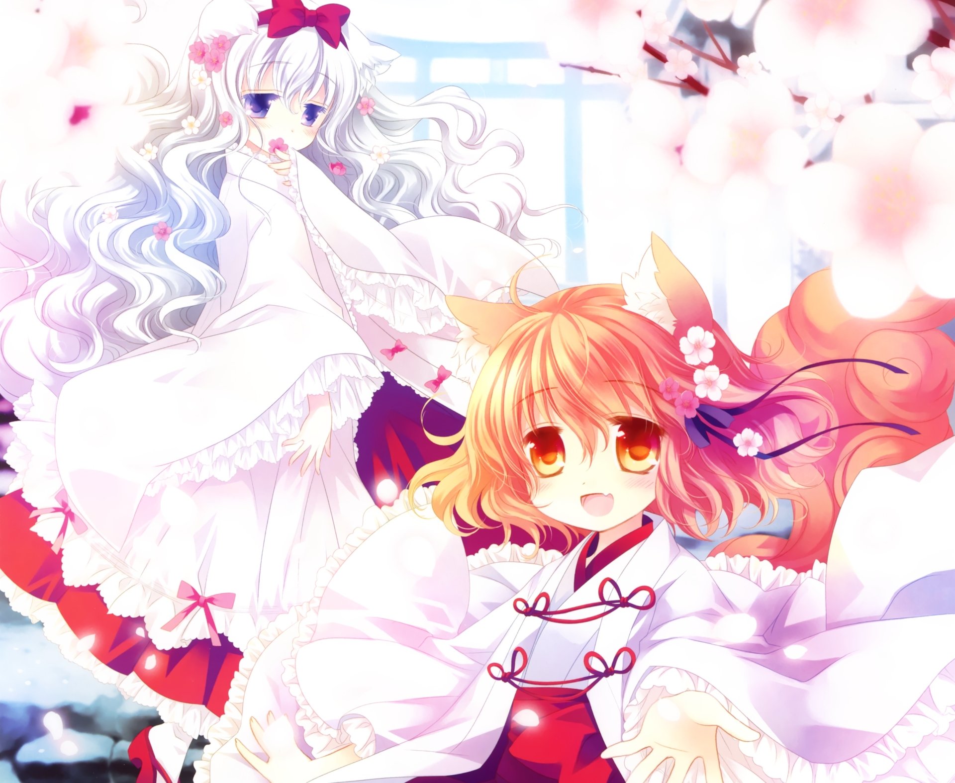 Download Blush Ribbon Smile White Hair Cherry Blossom Miko Outfit Blue Eyes Orange Eyes Brown Hair Short Hair Tail Anime Original HD Wallpaper by Sakurazawa Izumi